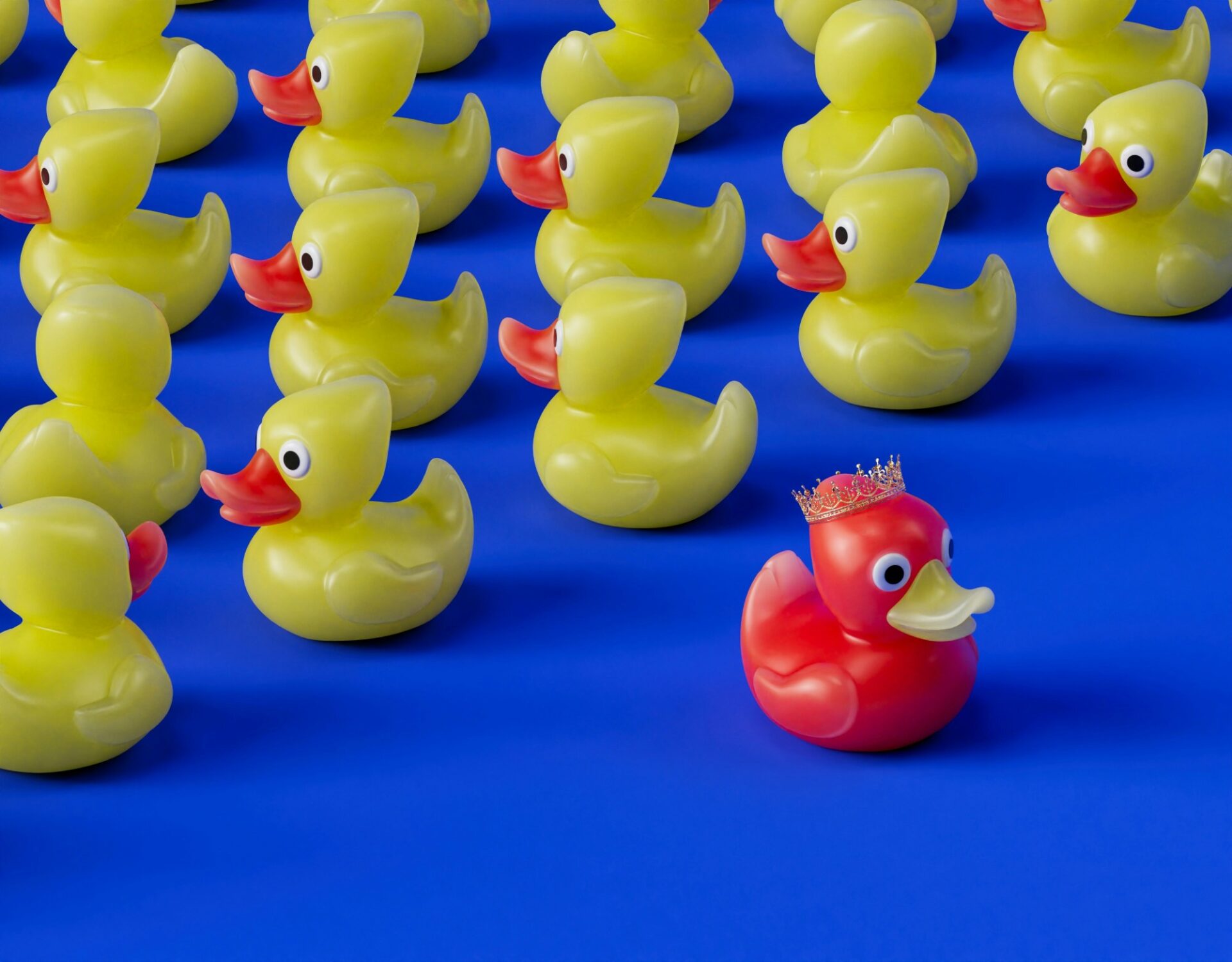A red rubber duck wearing a small crown sits apart from rows of identical yellow rubber ducks on a blue background.